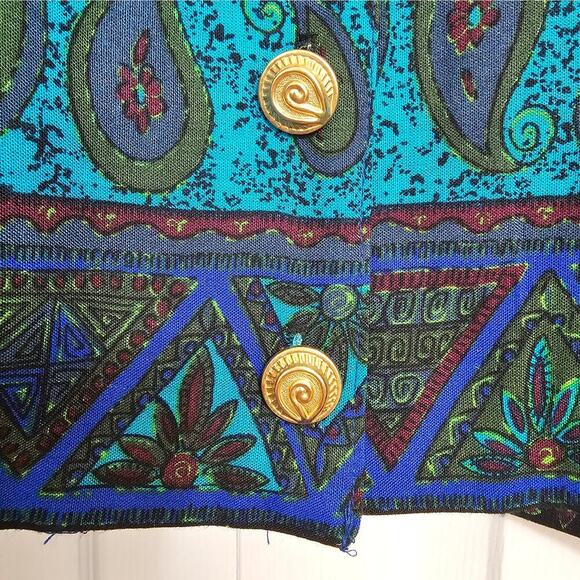 Vintage Karin Stevens Cropped Button Top Blazer Paisley Teal Gold Office Indie - Picture 4 of 6